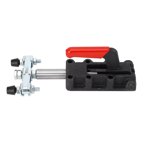 Side view of Double Headed Push Pull Quick Release Toggle Clamp for woodworking jigs with durable ribbed plastic handles and cast iron base.