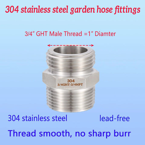 304 stainless steel garden hose adapter, 3/4 GHT male to 3/4 NPT male, 1/2 NPT female, Amazon brand