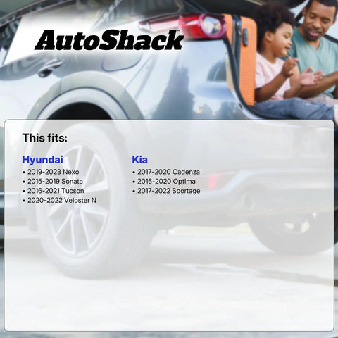 Car in background with "This fits: Hyundai, Kia" list and AutoShack logo, showing vehicle compatibility for AutoShack products.