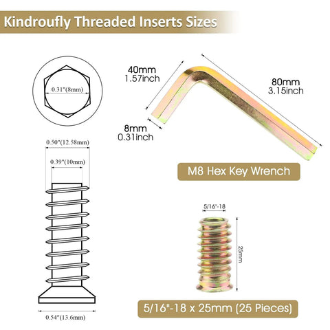 Diagram of Heavy-Duty 5/16-18 Threaded Inserts for Wood Furniture With Hex Wrench, 25mm Length, zinc plated carbon steel.