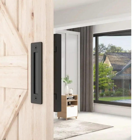 2 Pack 12 Inch Barn Door Handles With No Gap Flat Plate Design Heavy Duty Square Matte Black Sliding Barn Door Pull Handles Easy To Install Upgrade Back Plate Welded For Seamless Fit on rustic sliding door in modern living room