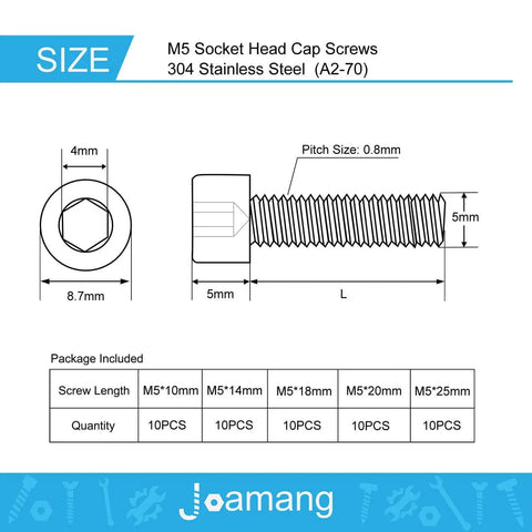 Diagram of M5 Socket Head Cap Screws Kit With 10mm 14mm 18mm 20mm 25mm Lengths 304 Stainless Steel Fully Threaded Allen Hex Drive.