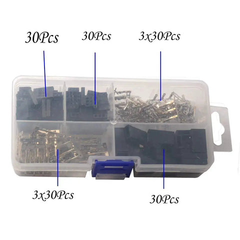 30 Sets RC Servo Plug Connector Kit With Male And Female Crimp Pins 2.54mm Pitch in clear storage box, ideal for RC projects