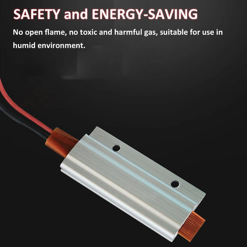 PTC heating element with aluminum shell, red and black wires, two mounting holes, compact 2.36x1.10 inch heater plate