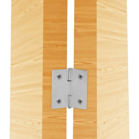 1-inch stainless steel butt hinge with mounting screws, installed on two light wood panels