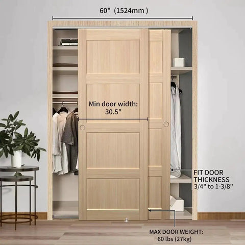 Two wooden doors on a closet system using Bypass Sliding Door Hardware 60 Inch Track Set For Two Door Closet System, Smooth And Quiet Operation.