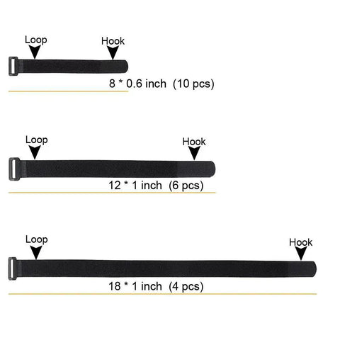 20 Pack Reusable Hook And Loop Cable Ties Set In 8 12 And 18 Inch Sizes With D Ring Buckles For Quick Cable Organization