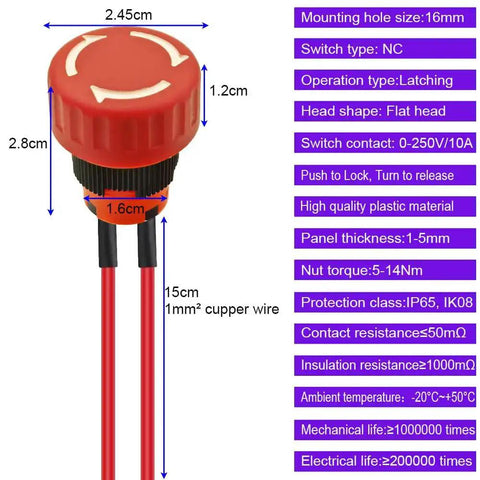 Heavy Duty 16mm Metal Emergency Stop Push Button Switch Latching SP 250V 10A Beefy Stainless Steel with dimensions and specifications