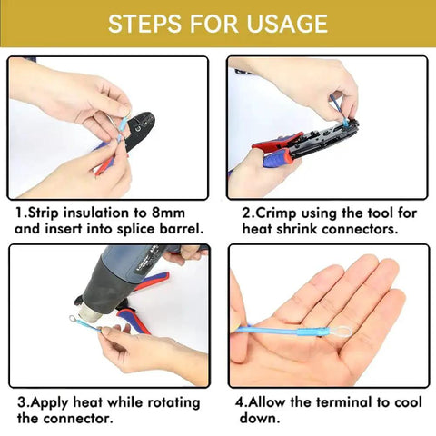 Steps to use Pro Grade 50 Pc Ring Terminals One Half Inch Yellow Heat Shrink Wire Connector Kit for 12 to 10 AWG.