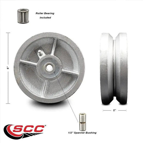 5 Inch Semi Steel Cast Iron V Groove Wheel With Roller Bearing 1100 Lb Capacity Wheel Only For Carts Rails Sliding Doors