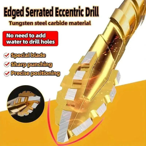 Close-up of golden tungsten steel carbide drill bit with edged serrated eccentric design for precise masonry drilling.