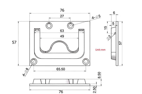 Technical diagram of 316 Stainless Steel Electrophoretic Black Hatch Ring Pull For Deck Hatch, 76x57mm with measurements