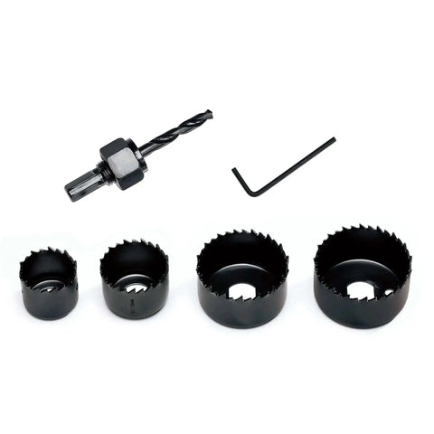 Six Piece Hole Saw Kit With Case And Mandrels For Soft Wood PVC And Plywood 1-1/4 To 2-1/8 Inch 32-54mm Set KATA Durable Carbon Steel With Heat Treated Black Coating For Aggressive And Rust Resistant Cuts Not For Metal Or Hard Wood