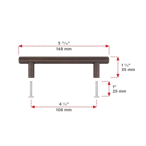 Brushed Oil Rubbed Bronze Cabinet Handle Four And A Quarter Inch Center To Center Steel Drawer Pull dimensions diagram