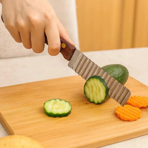 Crinkle Cutter Knife With Wooden Handle 5 Inch Stainless Steel Wavy Slicer for vegetables slicing cucumbers and carrots on a cutting board