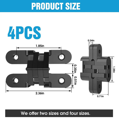 Invisible Cabinet Hinges 180 Degree Concealed Cross Hinges In Black Zinc Alloy 4 Pack shown with dimensions and side view.
