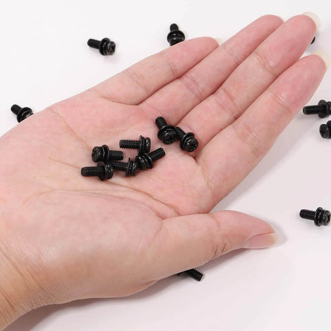 Hand holding M4x10mm VESA Screws Set with lock washers and flat washers, black finish, suitable for 75x75mm and 100x100mm TV and monitor brackets.
