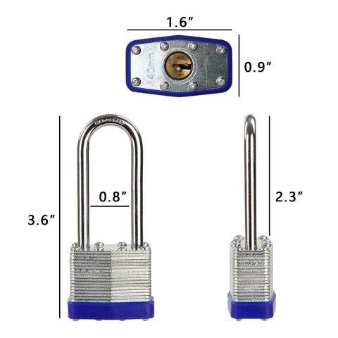 Two Pack Heavy Duty Padlocks Keyed Alike With Extra Long Two And Three Eighths Inch Shackle And Forty Millimeter Laminated Steel Lock