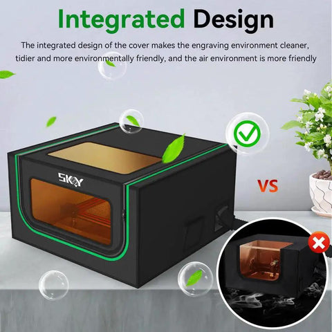 Integrated Laser Engraver Enclosure With LED Light And Vent Kit For Most Laser Cutters Smoke Odor And Noise Shield Eye Protection Tent 720 By 720 By 400 Millimeter Enhanced Bottom Design For Pro Grade Airflow And Debris Capture, shown with integrated design on table.