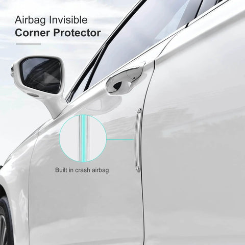 Side view of a white car featuring a clear silicone cabinet door bumper with strong adhesive 3M backing installed on the door.