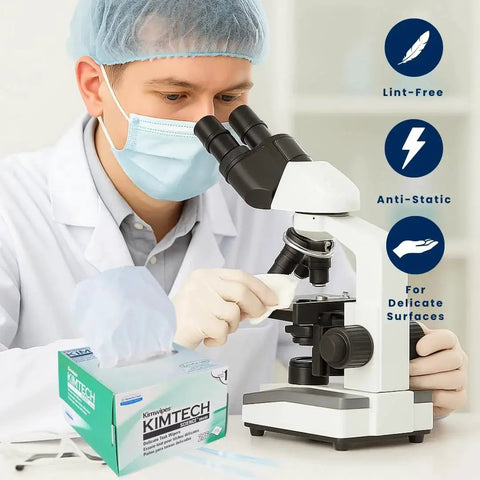 Scientist using Delicate Task Wipers 4.4 x 8.4 in 1 Ply Low Lint 4 Pack for Delicate Surfaces with microscope in lab setting.