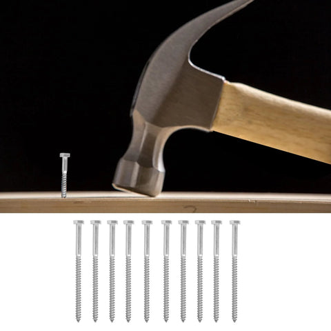 Stainless Steel Half Thread Wood Lag Screws Self Tapping For Carpentry Heavy Duty M6 X 100mm Bolts with hammer and wooden surface.