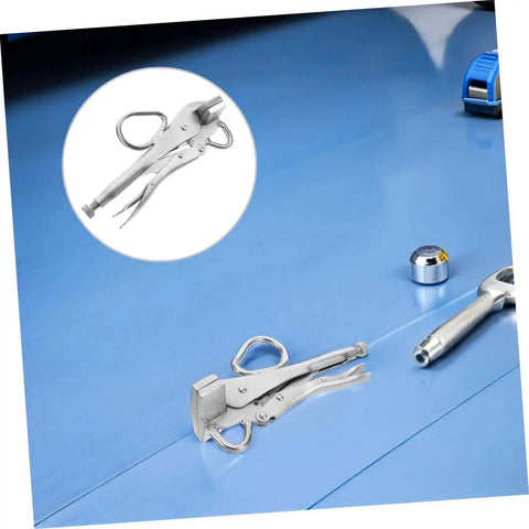 Adjustable Auto Body Sheet Metal Clamp Pliers with wide flat duckbill jaws on metal surface, showing ergonomic grip and multipurpose use