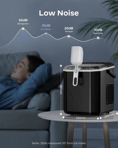 Countertop Ice Maker Portable 9 Cubes In 6 Minutes Self Cleaning Basket And Scoop on a table with noise level chart