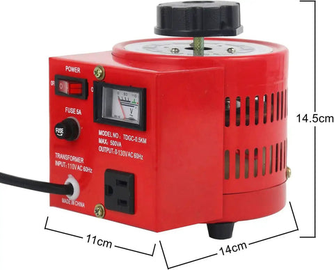 Auto Voltage Transformer 110V Input to 0 to 130V AC Variable Voltage Converter 500W, 14.5cm red unit with voltmeter and on-off switch.