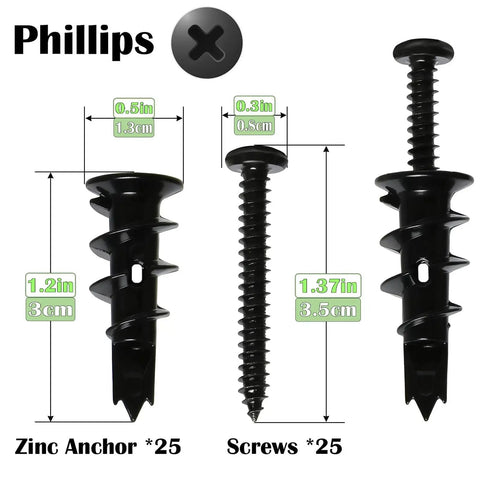 Fifty Pieces Size 8 Self Drilling Drywall Anchors And Screws Kit For Wall Mounting Includes Twenty Five Heavy Duty Hollow Sheetrock Anchors And Twenty Five One Quarter Inch Screws No Pre Drill Hole Required Holds Up To 75 Lbs shown with measurements.