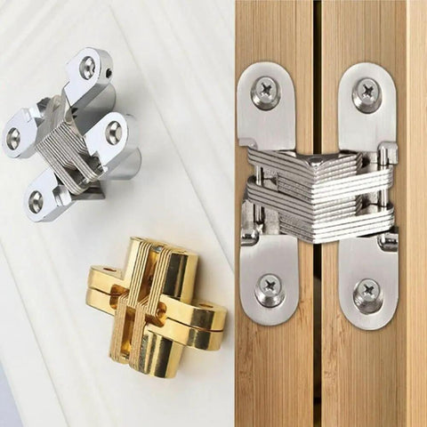 Hidden Cross Hinges For Doors 4 Pack 180 Degree Opening Stainless Steel Satin Finish Invisible Gate Hinges For Folding Doors Cabinets Chests And Wooden Boxes Vctitil shown in use and close-up view
