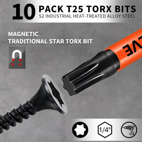 10 Pack T25 Torx Bits For Impact Driver, 2 Inch Magnetic Torx Star Bit Set With CNC Machined Tips, S2 Alloy Steel