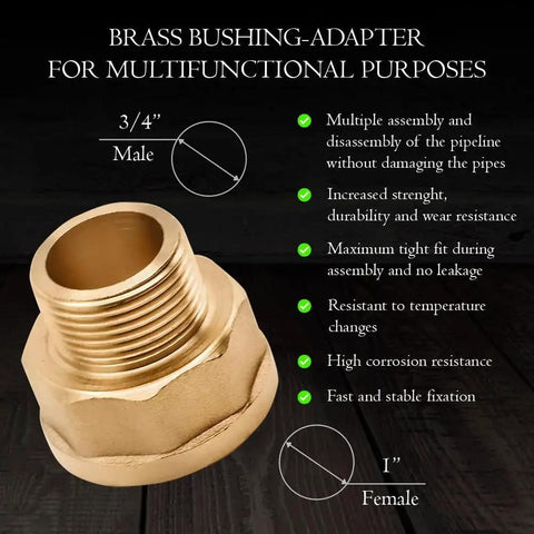 Brass Adapter Three Quarters Inch Male To One Inch Female NPT Pipe Fitting, corrosion resistant, shown in detail
