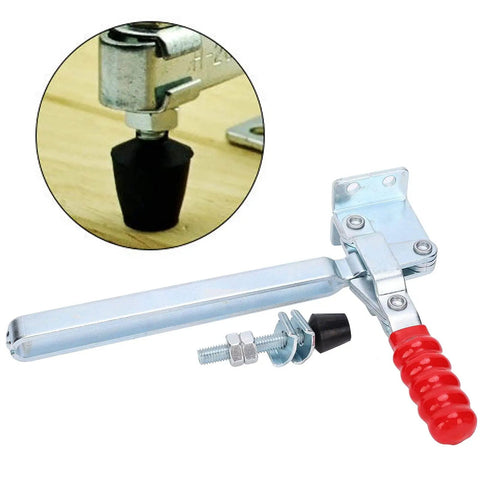 Beefy Vertical Toggle Clamp With Lengthened Arm, bright finish, metal fastening fixture for industrial workholding, side view