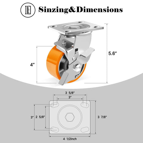 Heavy Duty 4 Inch Industrial Caster Wheels Set Of 4 With Brakes For Machines And Workbenches, 3200 Lb Total Capacity diagram