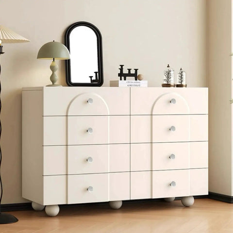 White dresser with 8 Piece Antique Bronze Ceramic Dresser Handles Set For Cabinets And Drawers, showcasing vintage white ceramic knobs.
