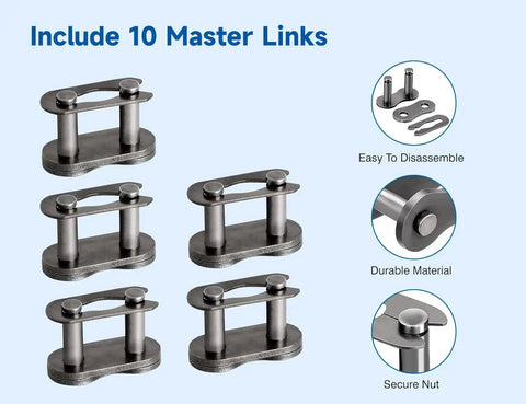 Image of 10 master links from the Heavy Duty 420 Motorcycle Chain Kit With 132 Links And Chain Breaker For 50cc 70cc 90cc 110cc And 125cc Dirt Bikes ATVs Go Karts Scooters Mini Bikes Includes 10 Free Master Links And Premium Alloy Steel Construction For Long Lasting Performance, showcasing easy disassembly, durable material, and secure nut.