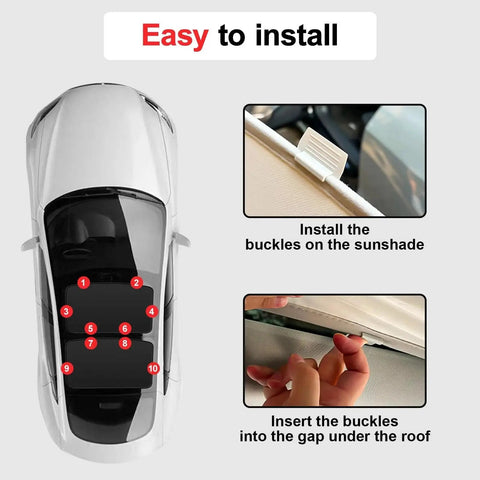 Installation guide for Glass Roof Sunshade For Tesla Model 3 2021 2022 2023 UV Shield And Insulation showing buckle insertion steps.