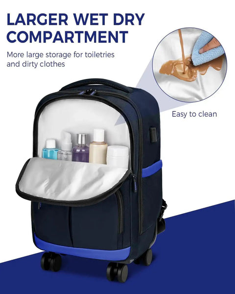 Four Wheel Rolling Backpack With USB Charging Port And Water Resistant 17 Inch Laptop Roller Bag showing open wet dry compartment