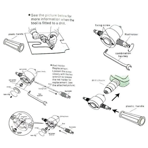 Diagram of Double Headed Metal Nibbler Cutter For Drill With 360 Degree Adjustable Heads showing assembly and installation steps