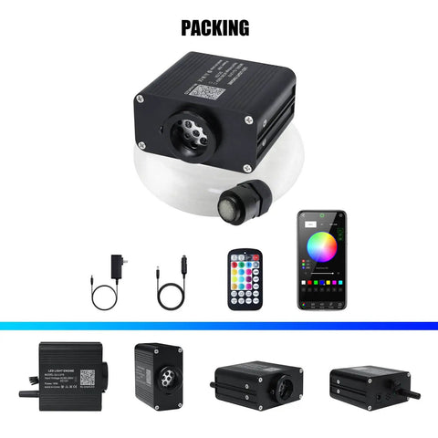 Car And Home Starlight Headliner Kit With 16W High Power RGBW Fiber Optic Lights, remote, and app shown in packing layout