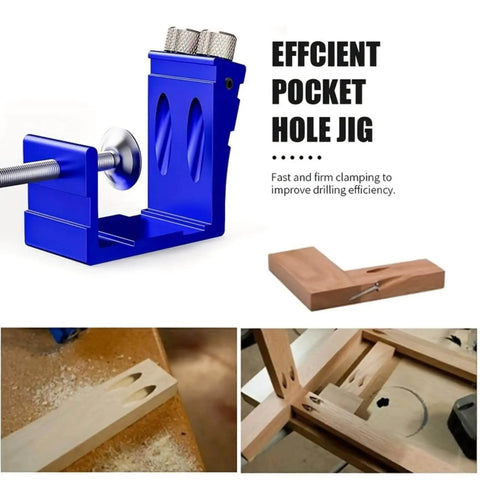 45Pcs Pocket Hole Jig Set With Adjustable Punch Locator And 15 Degree Angle Drill Guide Kit For Precise Woodworking And DIY Joinery Tools Heavy Duty Pro Grade Easy To Use Durable Metal Construction For Carpentry Projects Black is shown in use for precise wood joinery with blue jig and wood pieces.