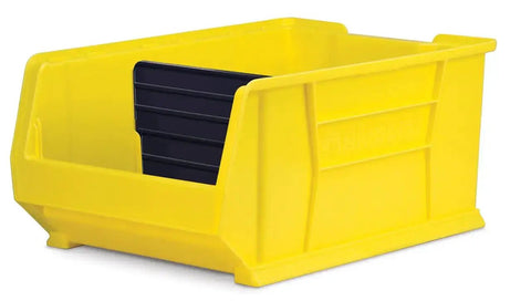 Yellow heavy-duty storage bin with black width divider, designed for tools and parts, maximizing space and visibility.