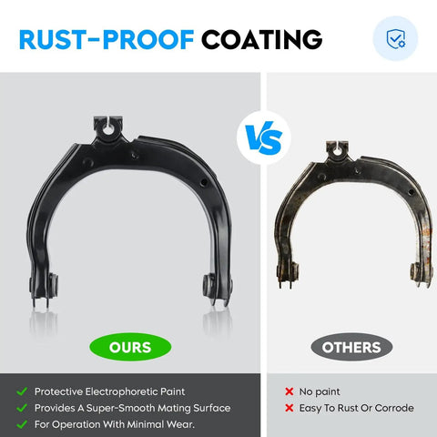 Comparison of rust-proof and non-rust-proof upper control arms for 02-09 Chevy Trailblazer, GMC Envoy, and similar models.