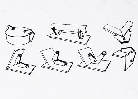 Illustration of various magnetic welding fixtures, including 90-degree holders and magnetic corner squares for ferrous metals.
