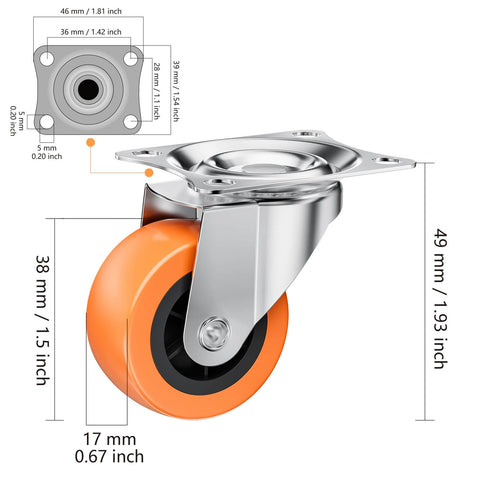 1.5" Casters Set of 8 - Swivel Plate Universal Caster Wheels, Orange Polyurethane (PU), 360° Rotation for Storage Box, Small Furniture, and Kitchen Appliances - Canadian Ball Bearing Supplier.