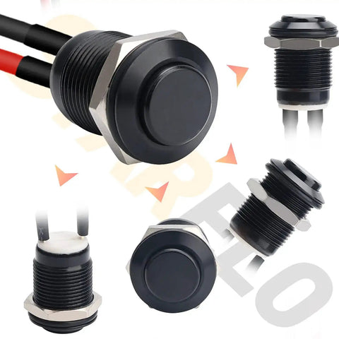 Multiple views of 12mm Momentary Push Button Switch Waterproof IP65 Black Aluminum Alloy Shell Pre Wired 5 Pack Tough As Nails Normally Open
