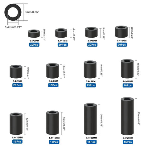 Black ABS Round Spacer Kit For M5 Screws, 200Pcs, 12 Heights From 0.11 Inch To 0.98 Inch, ID 5.4mm, OD 9mm, shown in varied sizes