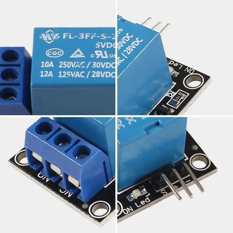 One Channel Relay Shield Module For Microcontrollers 5V 3Pc Pack With LED Indicator Light close-up view of relay terminals and pins