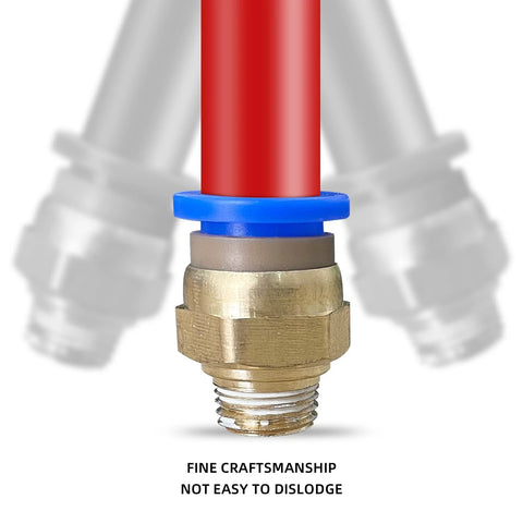 Push-to-connect pneumatic air fitting with brass body, blue collar, red tube attached, 1/4 in G thread.